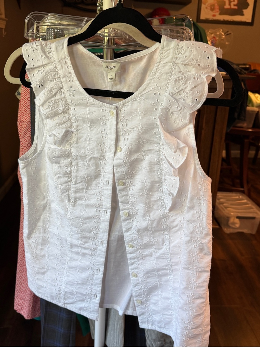 J. Crew White Eyelet Ruffle-Trim Button-Front Shell